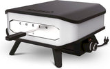 Elektrische pizzaoven met bedieningspaneel en aan/uit-knop, zwart-wit