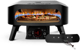 Zwarte gas-pizzaoven met open bakdeur en vlammen, ronde bakruimte