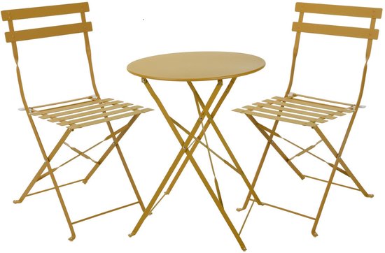 Bistroset met rond tafelblad en twee stoelen, mosterdgeel klapframe