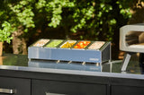 Toppingstation met 5 gevulde bakjes, roestvrijstalen deksels en wit/zilver behuizing