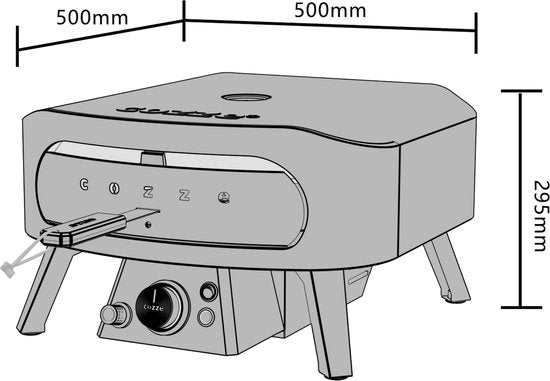 Zwarte gas-pizzaoven met maatvoering: 500 mm breedte en 295 mm hoogte