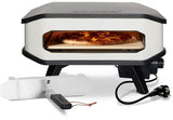 Elektrische pizzaoven met glazen ovenraam en pizzastone, zwart-wit frame