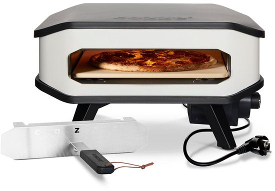 Elektrische pizzaoven met glazen ovenraam en pizzastone, zwart-wit frame