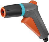 Gardena spuitpistool met oranje trekker, grijze behuizing, blauw inzetstuk en uitlaat