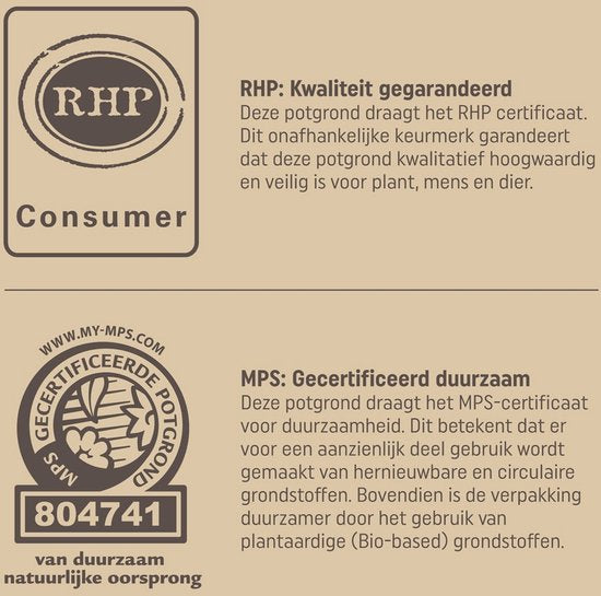 Keurmerken op Pokon moestuingrond verpakking, incl. RHP en MPS.