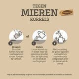 Verpakkingskaart met instructies en iconen voor mierenkorrels
