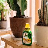 Groen flesje met gele dop voor cactus- en vetplantvoeding, op houten plank