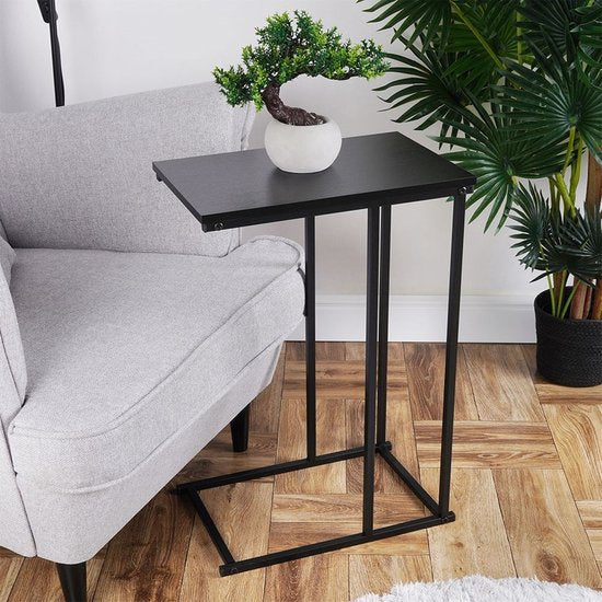 Zwarte bijzettafel met MDF topblad en metalen onderstel met kruisframe