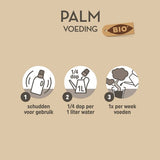 Palmvoeding etiket met BIO en gebruiksstappen, schematisch met pictogrammen