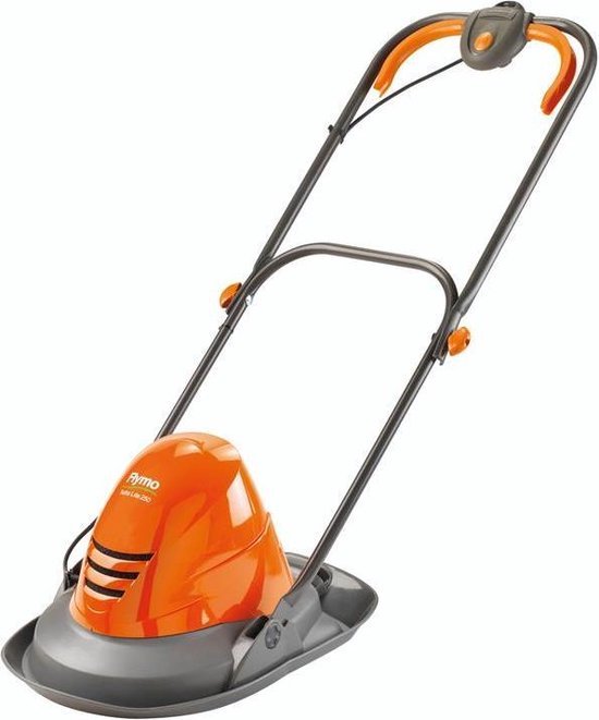 Oranje luchtkussenmaaier met duwbeugel en grijze wielen
