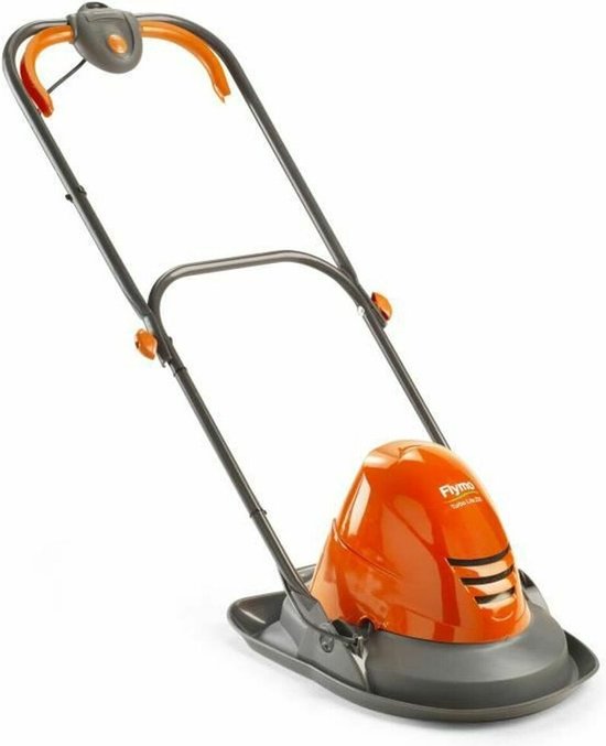 Oranje luchtkussenmaaier met duwbeugel en grijze basis