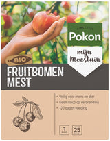 Pokon BIO fruitbomenmest verpakking met hand en appel; label en tekst zichtbaar