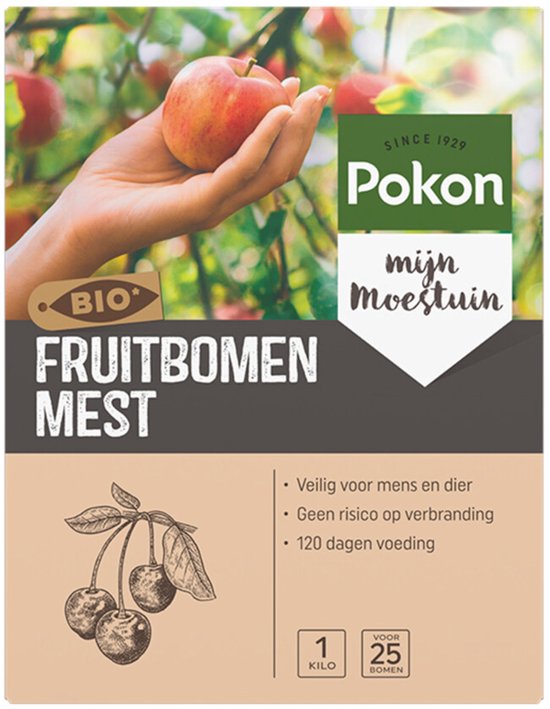 Pokon BIO fruitbomenmest verpakking met hand en appel; label en tekst zichtbaar