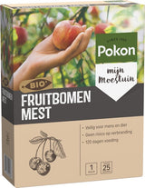Pokon BIO fruitbomenmest doos met hand en appel; voorkant en label zichtbaar