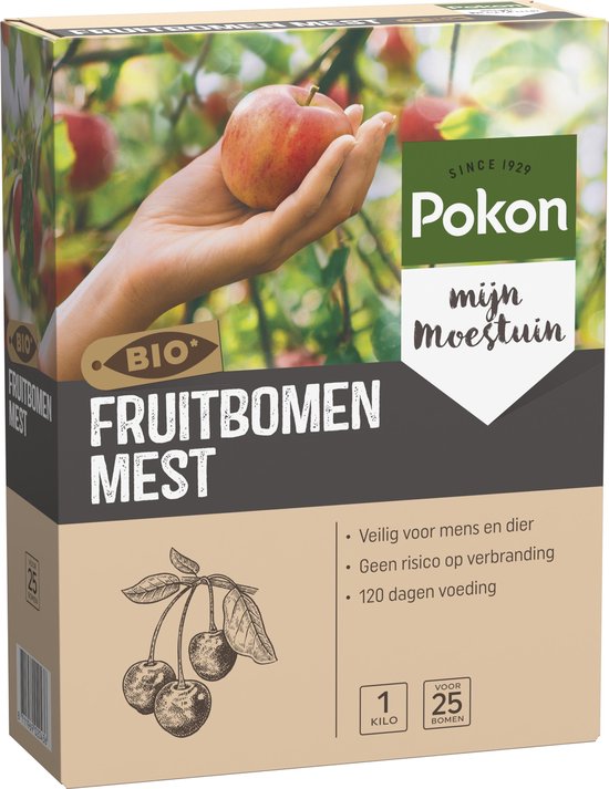 Pokon BIO fruitbomenmest doos met hand en appel; voorkant en label zichtbaar