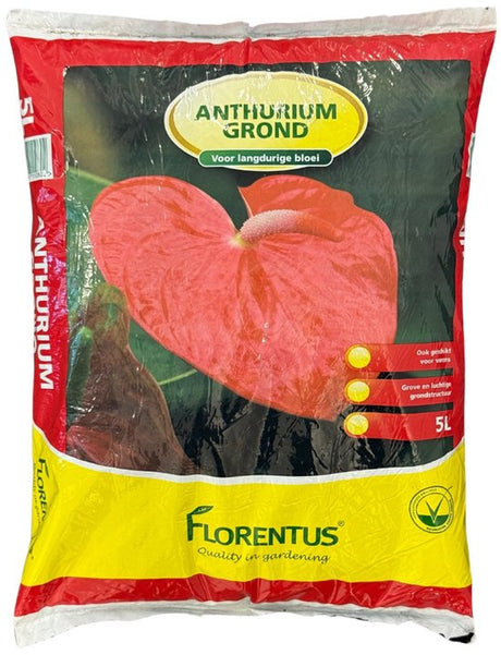 Florentus anthurium potgrond 5 liter, rode en gele zak met plantlabel