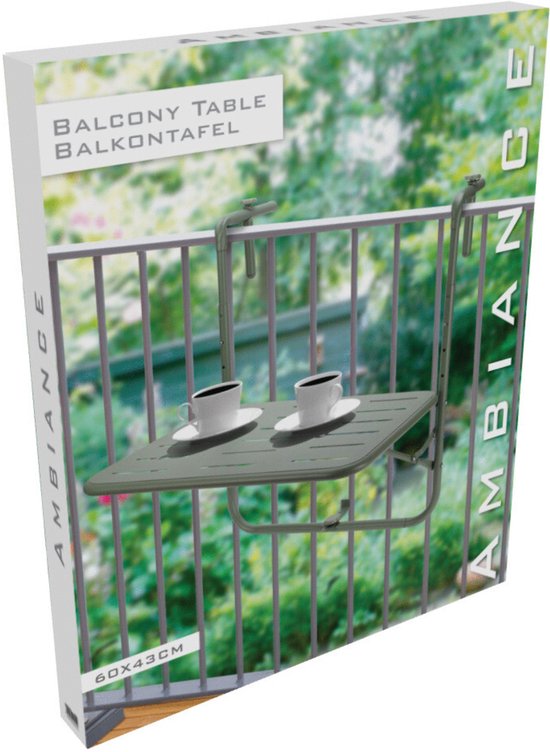 Matgroene balkontafel in doos met tafelblad en metalen poten onder leuning