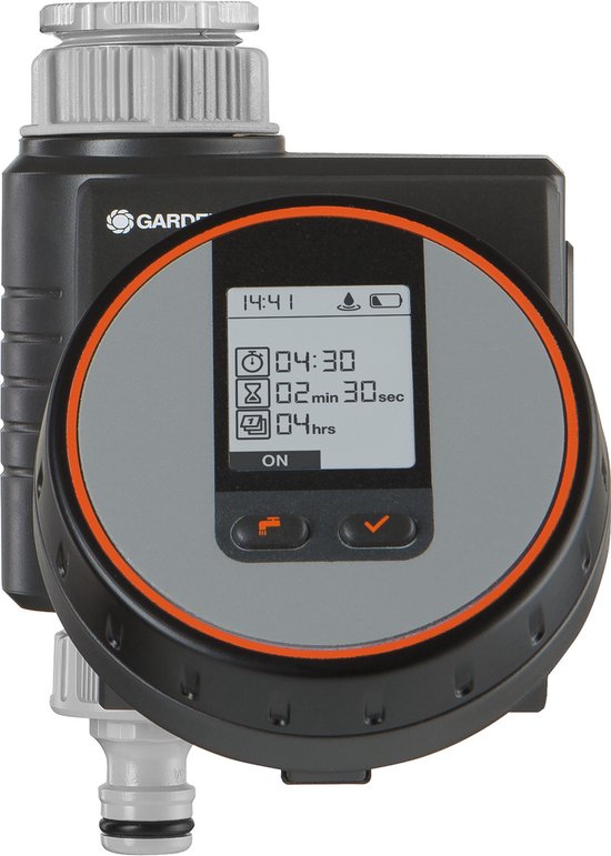 Besproeiingscomputer GARDENA met lcd-scherm, oranje ring en instelknoppen