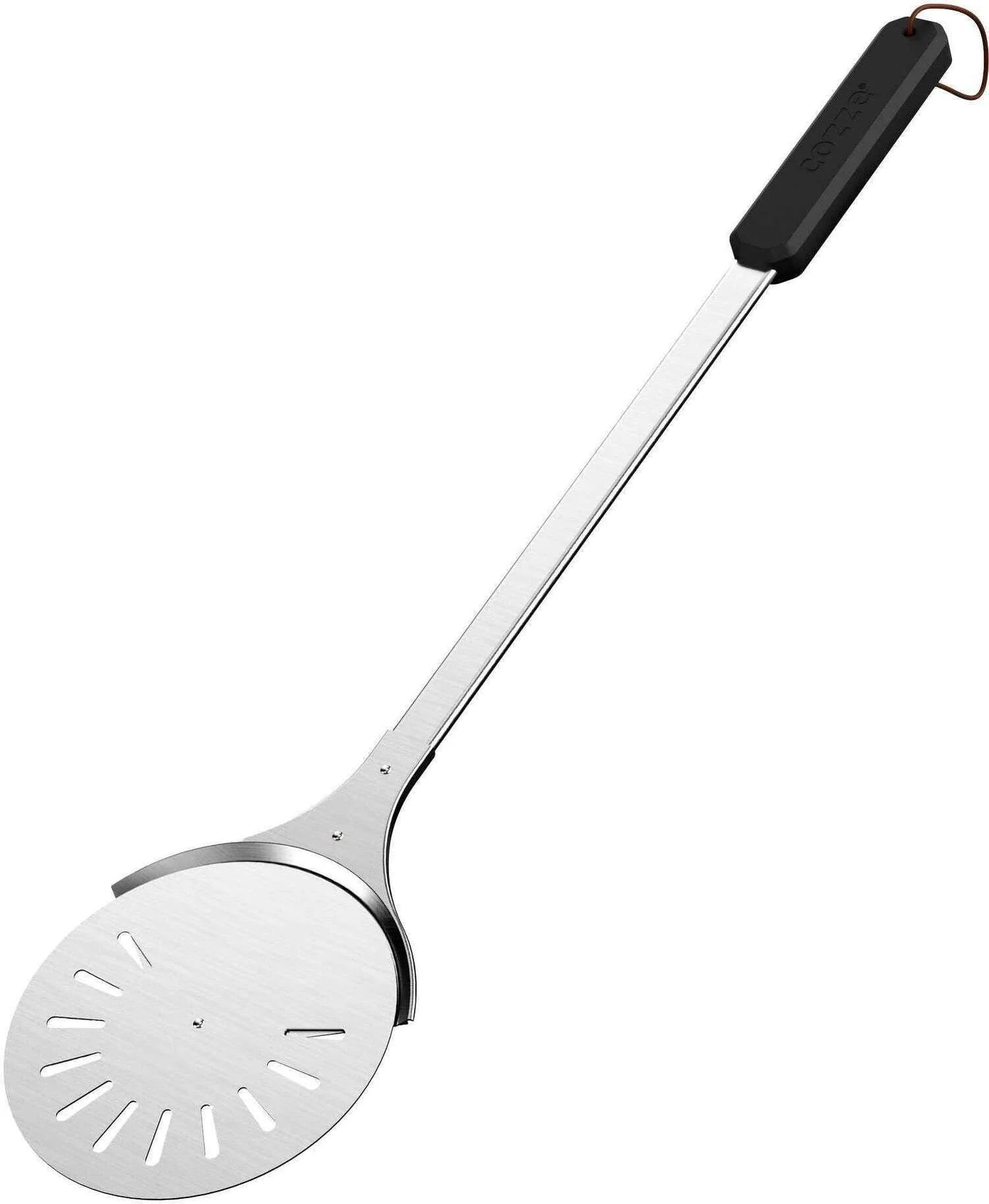 Draaibare RVS pizzaschep met ronde geperforeerde schepkop en handgreep