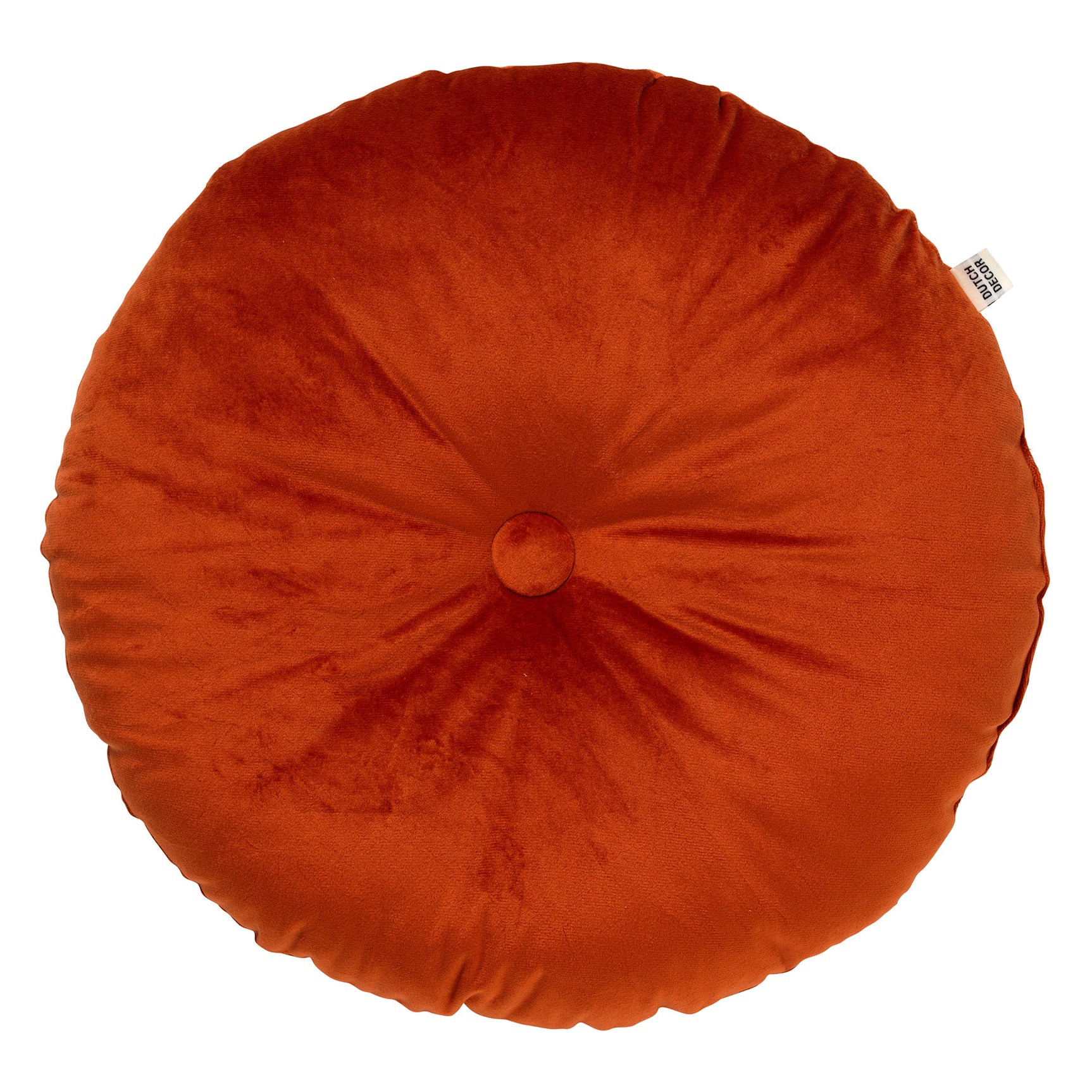 Rond sierkussen met knoopdetail, roest oranje velours, 40 cm.
