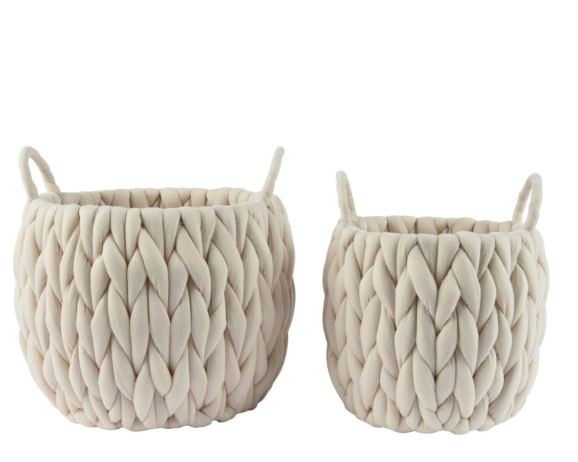 Polyester mandje met gevlochten structuur en opstaande lussen, beige