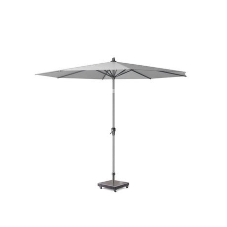 Platinum parasol in lichtgrijs met ronde kap, centrale paal en sokkel