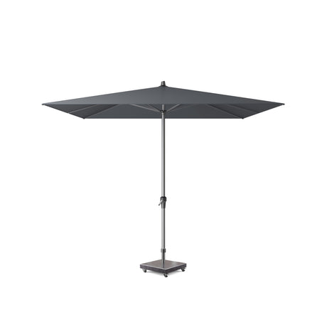Antraciet parasol met vierkante doek, metalen mast en standaardvoet