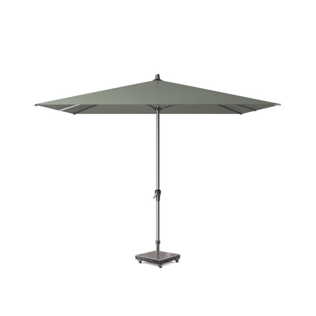 Olijfgroene vierkante parasol met middelpuntpaal en ronde voetplaat