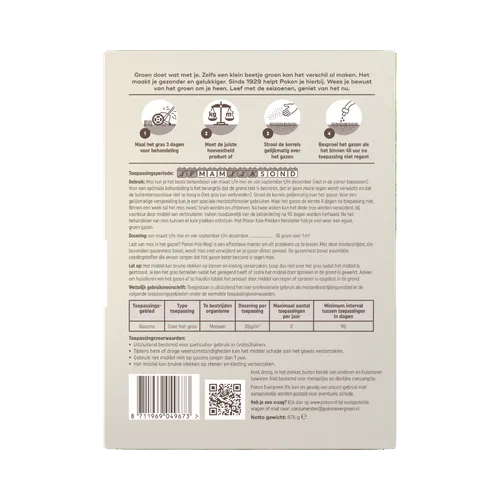 Achterzijde Pokon Mos Weg 875 g verpakking met productinformatie