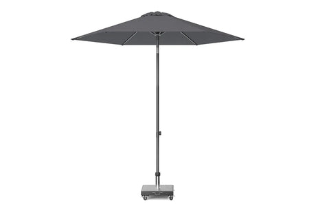 Antraciet parasol met ronde doek en centrale paal, inklapbaar frame