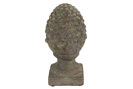 Grijs dennenappelornament op voetstuk