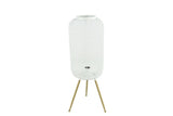 Tafellamp met witte stoffen kap en gouden driepoot