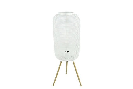 Tafellamp met witte stoffen kap en gouden driepoot