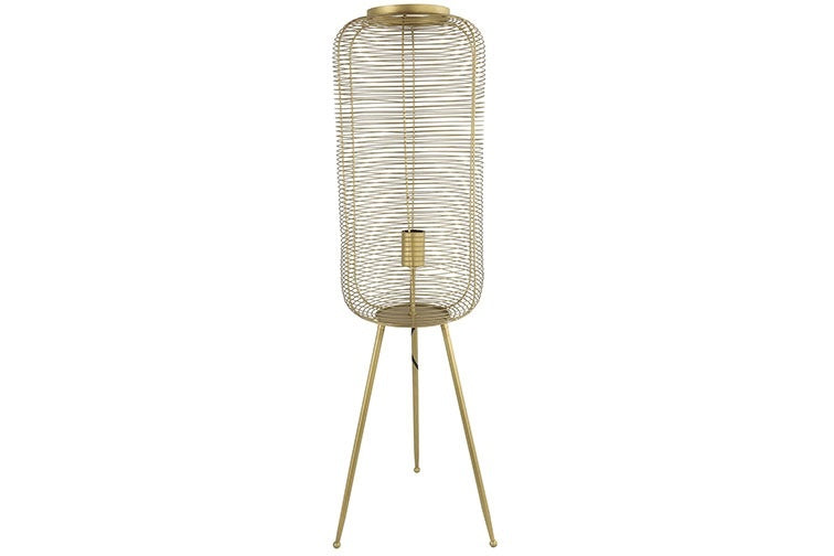 Gouden staande lamp met draadkooi cilinderschemering en driepoot metalen frame