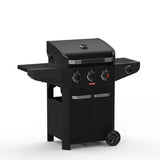 Zwarte gasbarbecue met gesloten deksel en bedieningspaneel, zijplank en wielen