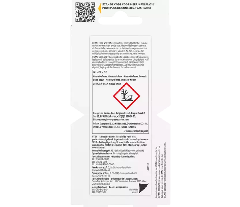 Mierenlokdoos HOME DEFENSE® achterzijde met QR-code