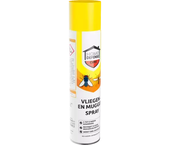 HOME DEFENSE® sprayfles met gele dop en label "Vliegen en Muggen"