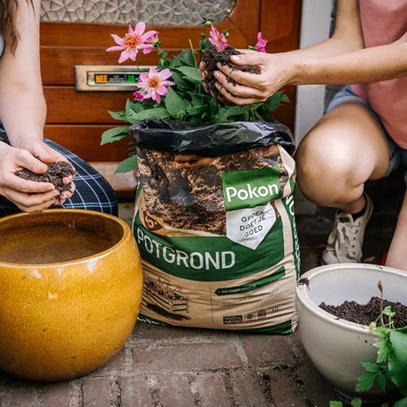 Turfvrije BIO potgrondzak met bloemen en handen bij bloempotten