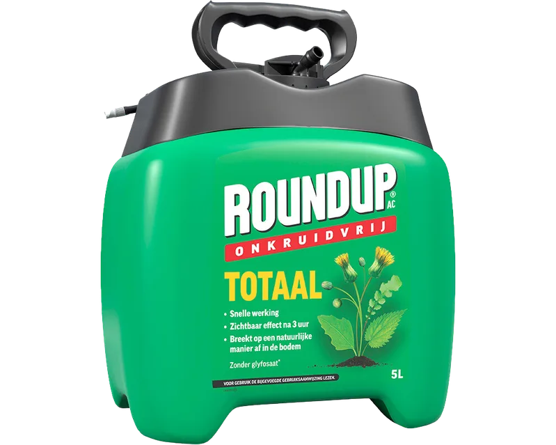 Onkruidvrije RoundUp Totaal sprayer, groene 5-liter canister met handvat en uitloop.