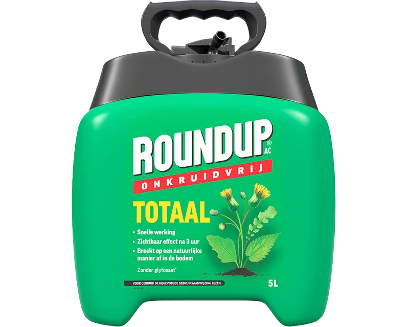 Onkruidvrije RoundUp Totaal sprayer, groene 5-liter canister met handvat.