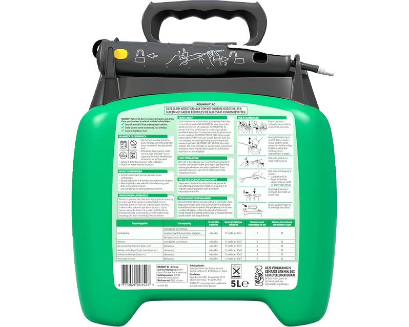 Onkruidvrije RoundUp Totaal sprayer, groene 5-liter canister met achteretiket.
