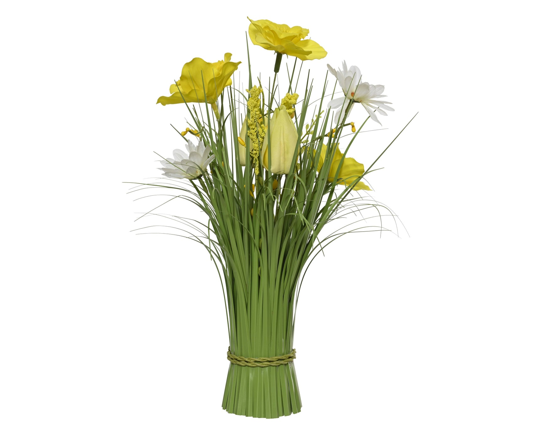 Polyestergras met groene stelen en gele bloemen, gebundeld