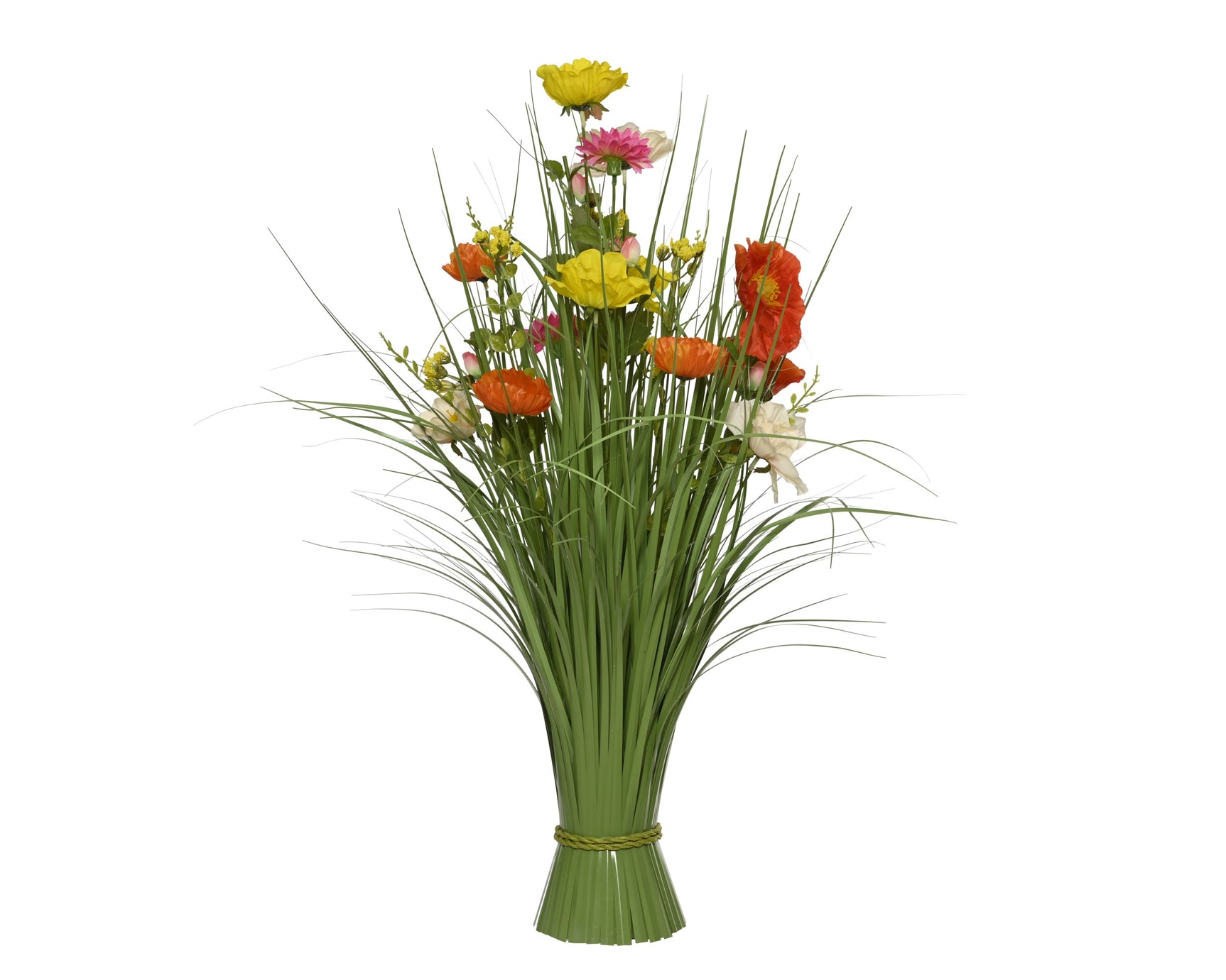 Polyester grasdecor, bundel met groen gras en oranje/gele bloemen