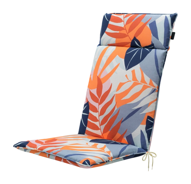 Madison hoog kussen met bladerenprint in oranje en blauw, met strikkoordjes