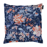 Zitkussen indigo met bloemen- en bladprint, opstaande bies en ronde hoeken.