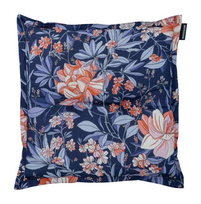 Zitkussen indigo met bloemen- en bladprint, opstaande bies en ronde hoeken.
