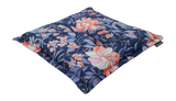 Zitkussen indigo met bloemen- en bladprint, vierkante vorm en bies rondom.