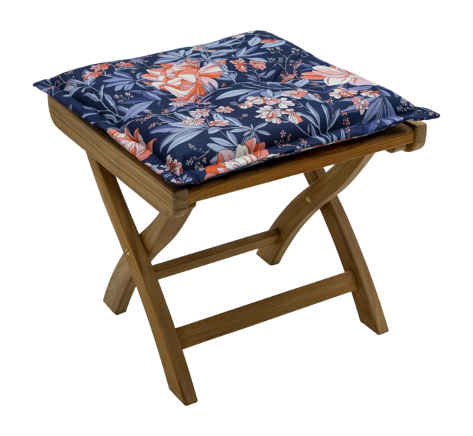 Zitkussen indigo met bloemen- en bladprint, opgevulde vierkante zitting.