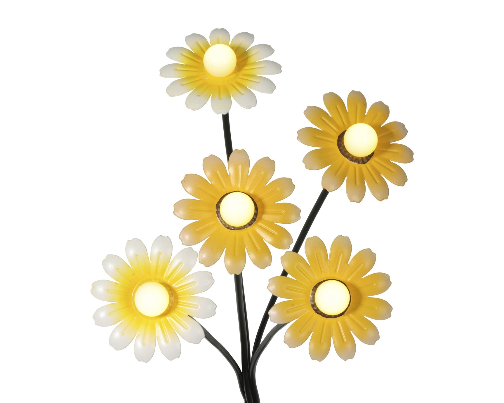 Solar bloemenlamp met gele en witte bloemkoppen op zwarte stelen