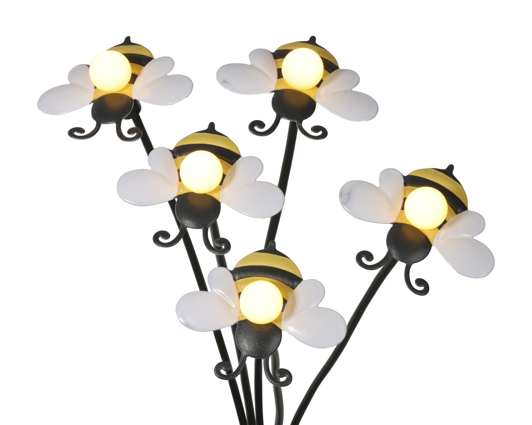 Zonnelamp met metalen bijenarm en meerdere witte bloemkapjes met gele lamp